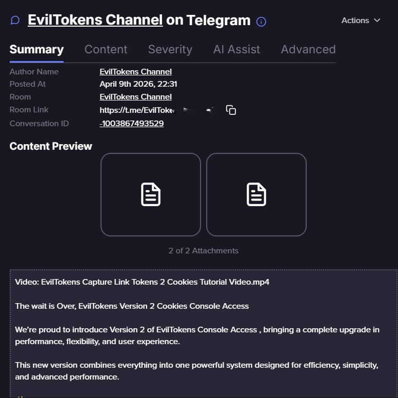 EvilTokens Telegram channel (Source - Flare)